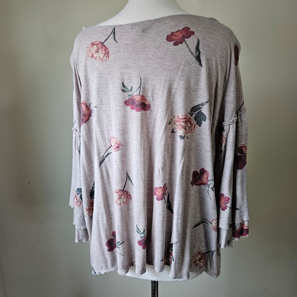 Lucky Brand 3X Taupe Floral Bell Sleeve Boho Lightweight Shirt Top Women - Picture 6 of 8